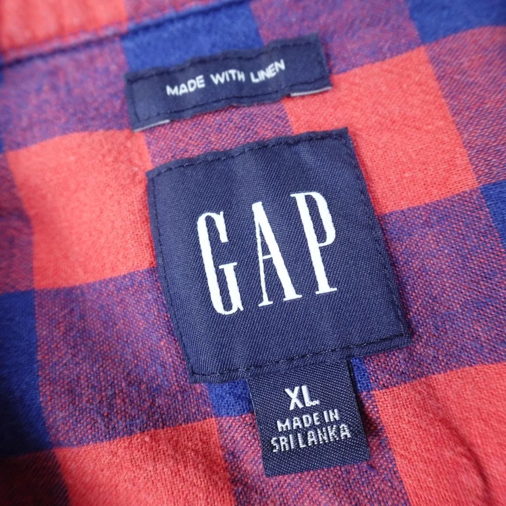 Gap Shirt Mens XL Red Blue Check Linen Cotton Chambray Short Sleeve Button Up‎